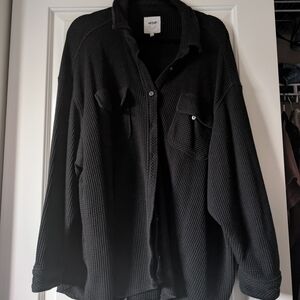 Black Waffle Knit Button-Up Shirt